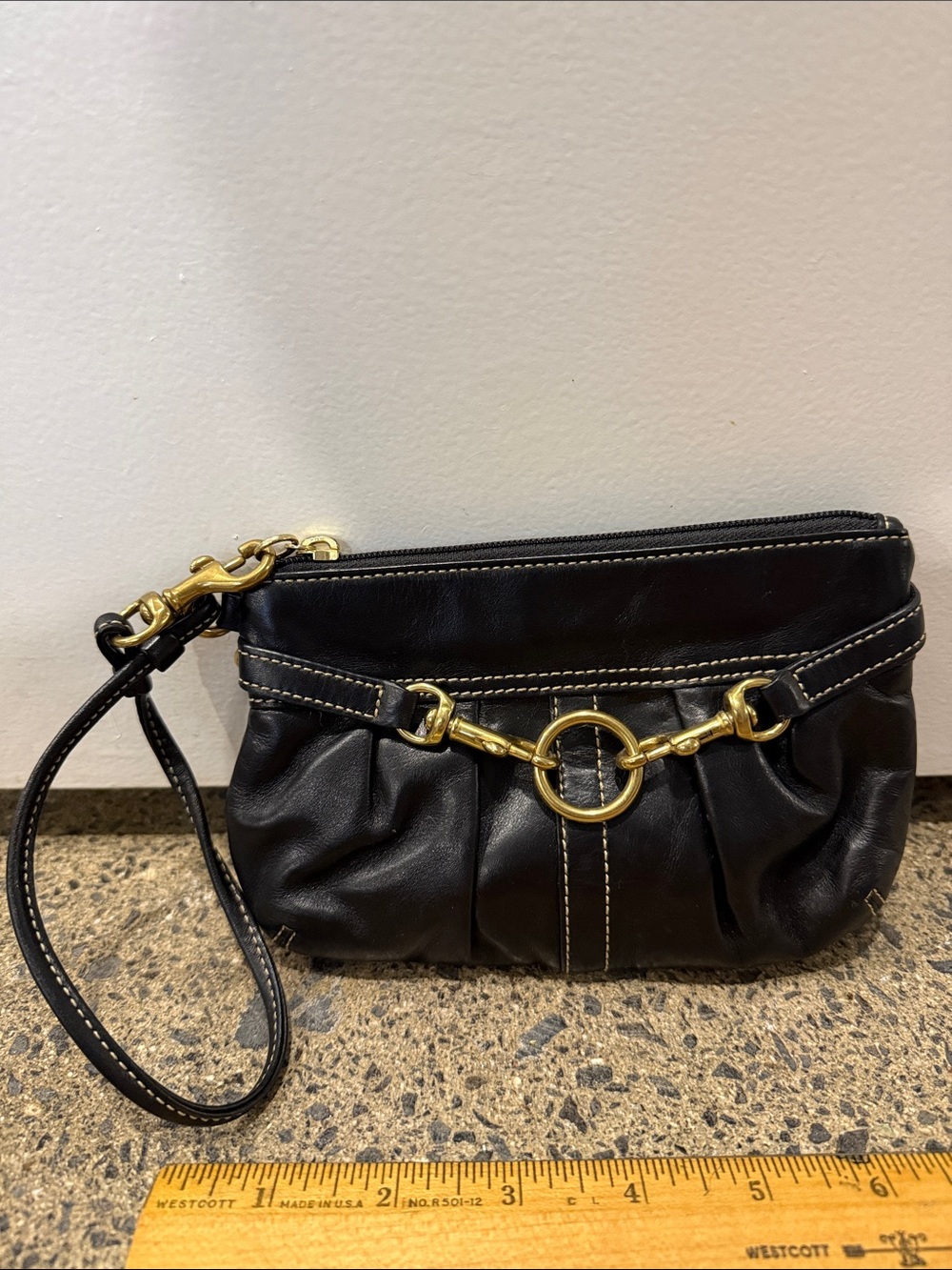 Coach Black Leather Wristlet with Gold-Tone Hardware